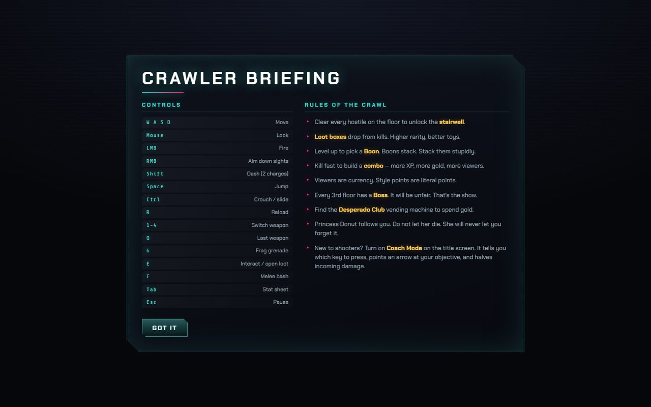 Crawler Briefing overlay listing keyboard controls and the rules of the crawl
