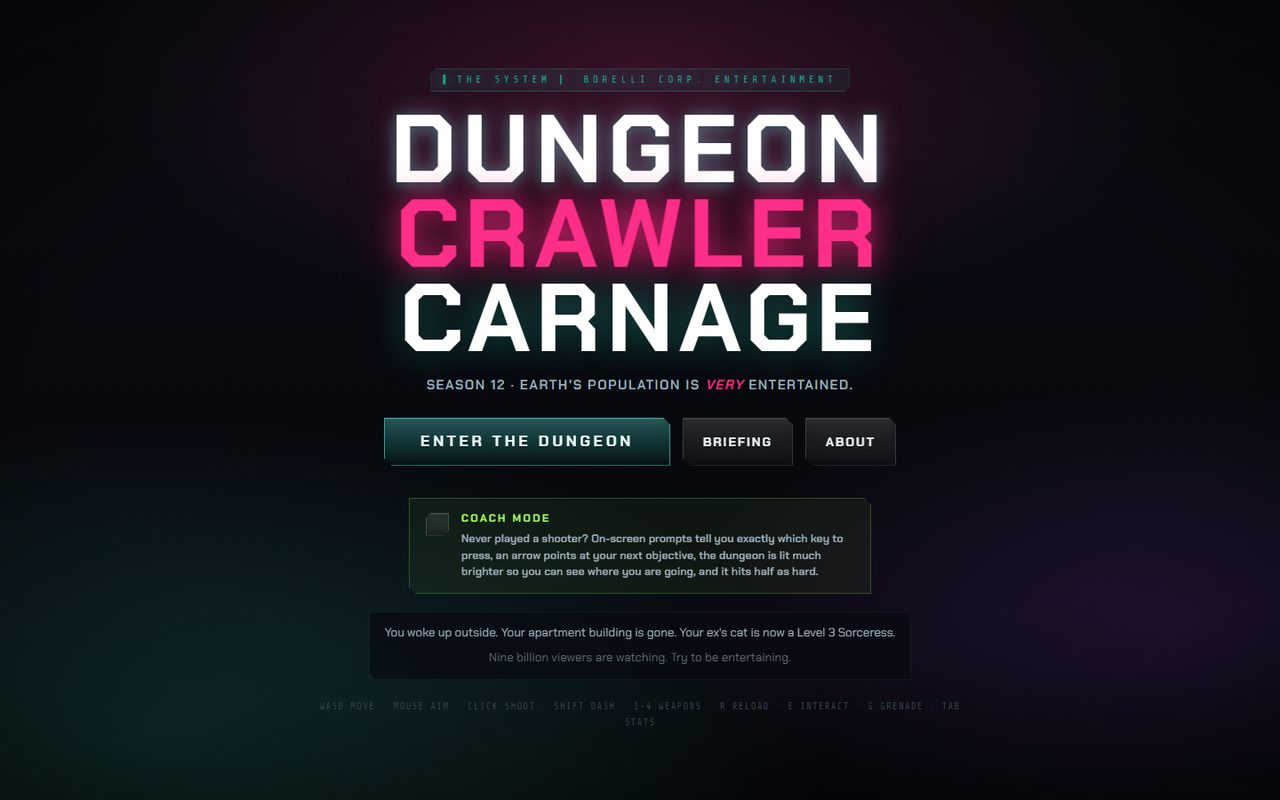 Dungeon Crawler Carnage title screen with Enter the Dungeon, Briefing, About, and Coach Mode