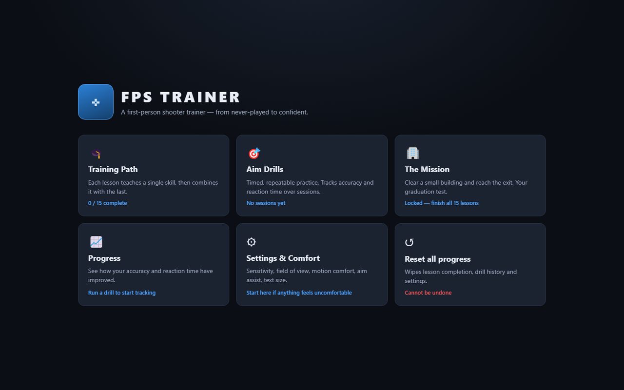 FPS Trainer home screen with cards for Training Path, Aim Drills, The Mission, Progress, and Settings