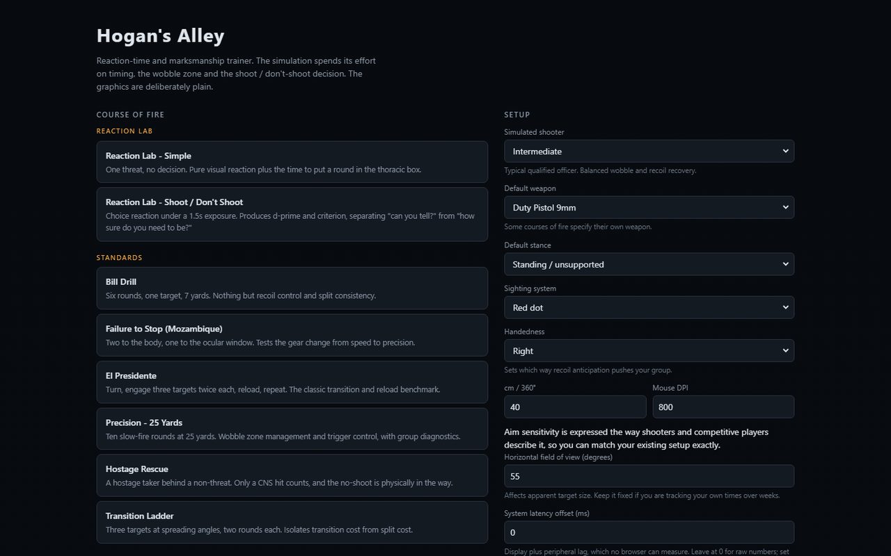 Hogan's Alley menu listing reaction, standards, and judgment drills next to shooter setup controls