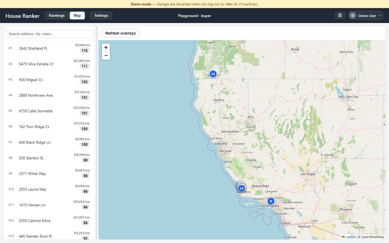 House Ranker map view with clustered listings along the U.S. West Coast