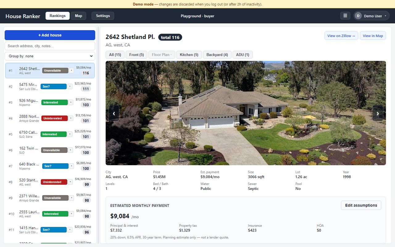 House Ranker ranking a shortlist of homes with photos, monthly payment, and scores