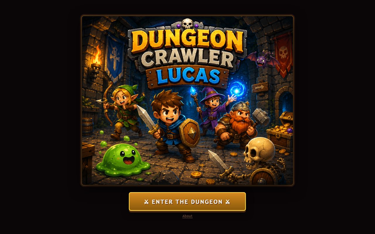 Dungeon Crawler Lucas title art with a hero, elf, wizard, dwarf, slime, and skeleton