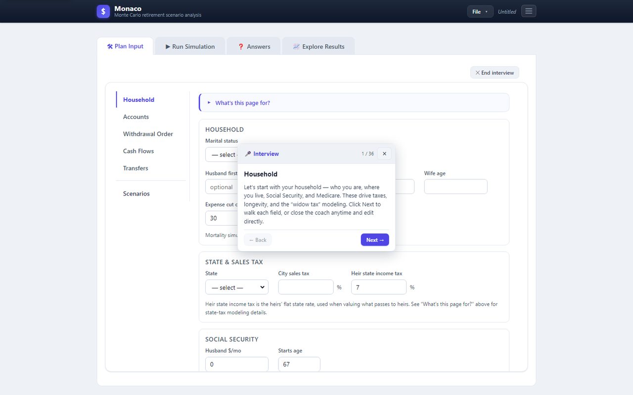 Monaco's interview popup walking through household details on the Plan Input tab