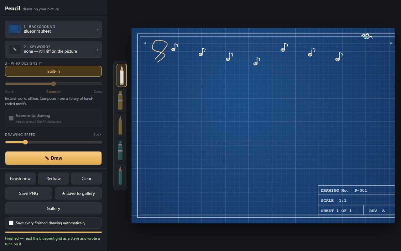 Pencil drawing on a dark blueprint sheet, using a white pencil, with the grid read as a musical stave
