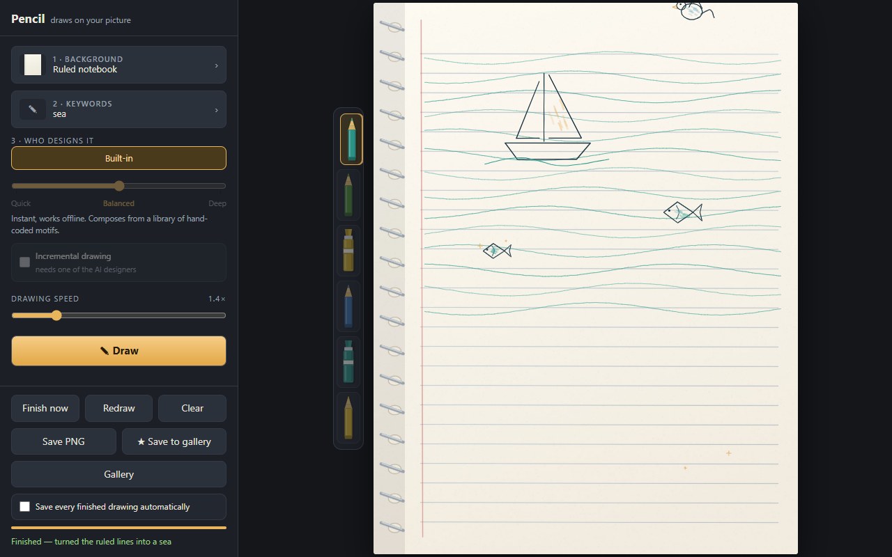 Pencil drawing on a ruled notebook page: the printed rules have been redrawn as waves with a sailing boat and two fish among them