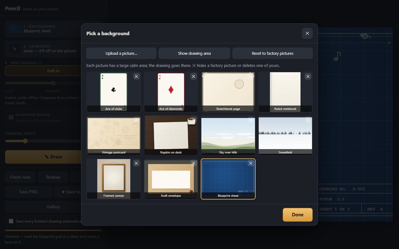 The Pick a background dialog in Pencil showing eleven picture thumbnails and an Upload a picture button