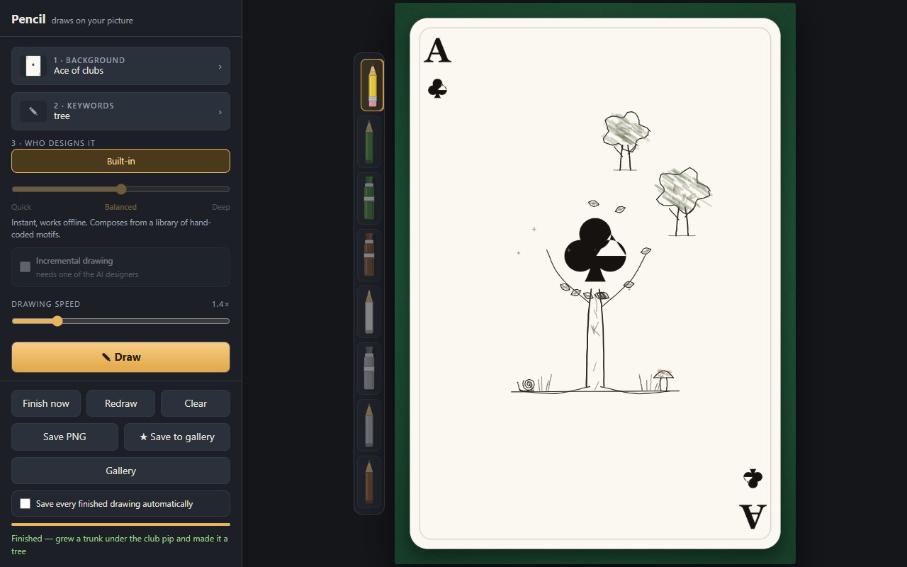 Pencil drawing on an ace of clubs: a trunk has grown under the club pip so the pip is now the tree's canopy, with two smaller trees behind it