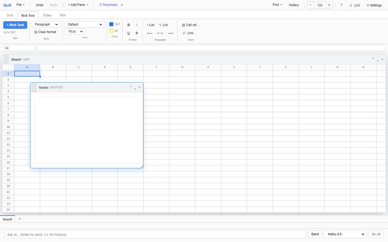 Quill spreadsheet with a floating Notes window on top of the grid and an Ask AI bar at the bottom