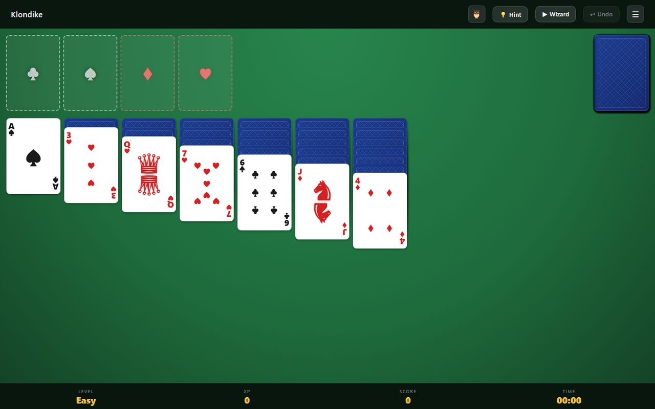 Klondike solitaire tableau with Hint and Wizard buttons in the toolbar