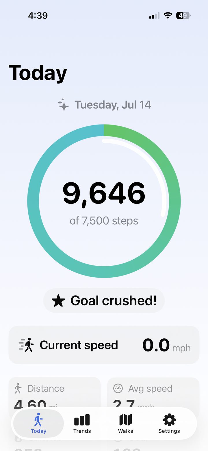 Step Right Today screen with a filled progress ring at 9,646 of 7,500 steps