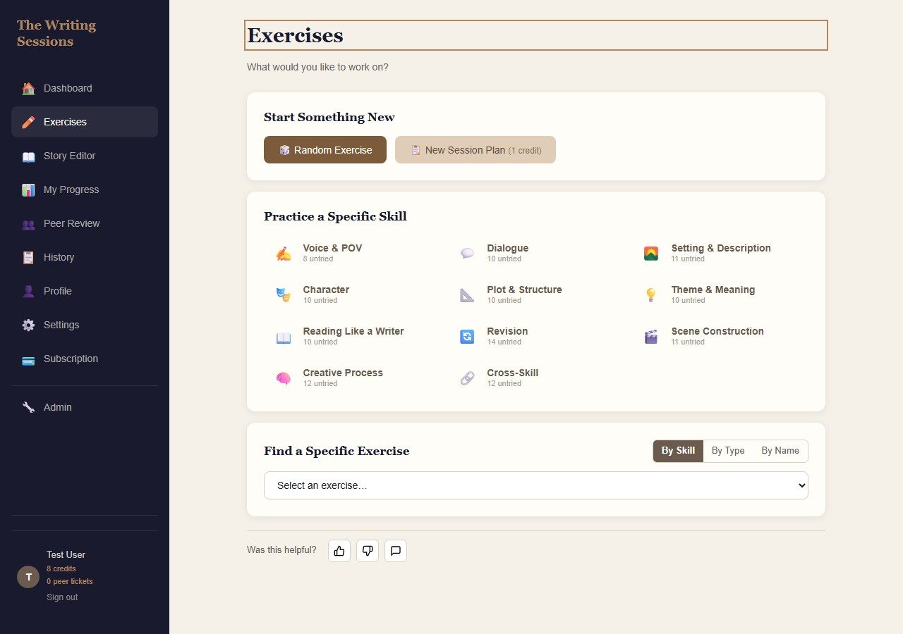 Exercises page listing writing skills such as dialogue, character, and scene construction