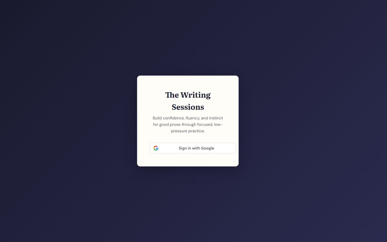 The Writing Sessions sign-in card on a dark background